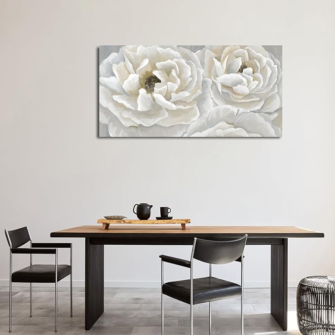 arteWOODS Cream White Flowers Wall Art - Soft Peony Pictures for Wall Decor Elegant Blossom Flower Painting Artwork Botanical Prints for Living Room Home Office Wall Decoration 24" x 48"