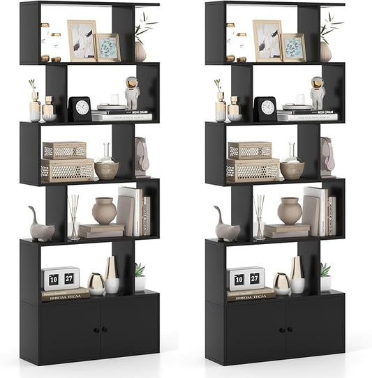 6-Tier Geometric Bookcase Set of 2, 72” Freestanding Room Divider Bookshelf with Open Display Shelves & Storage Cabinet, Wood S-Shaped Storage Organizer for Living Room, Bedroom & Home Office