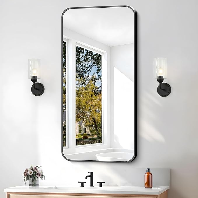 BONEWEI 20x40 inch Bathroom Mirror,Black Rectangle Mirror,Wall Mounted Bathroom Frame Vanity Mirror with Round Corner for Bedroom Living Room,Entryway Hangs Horizontal or Vertical