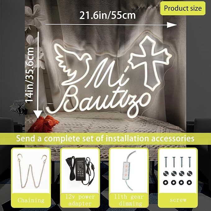 Mi Bautizo Neon Sign for Baptism Decorations Wall Decor,Mi Bautizo 21.6 * 14 inches Led Neon Sign,Mi Bautizo Sign Perfect For Children's Birthday Decoration,Baptism Party,Bedroom,Garden,Birthday Party,Christmas,INSNEnN