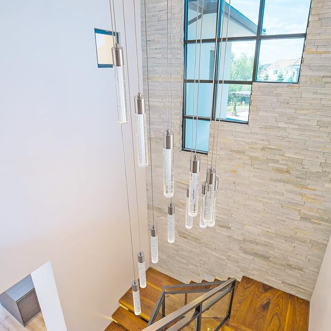 12 Lights Modern Crystal Chandelier, 59 inch Large Long Foyer Chandelier, High Ceiling Light Fixture, Foyer Pendant Lighting Dimmable Switch from 3000K 4500K 6000K for Staircase Entryway living room