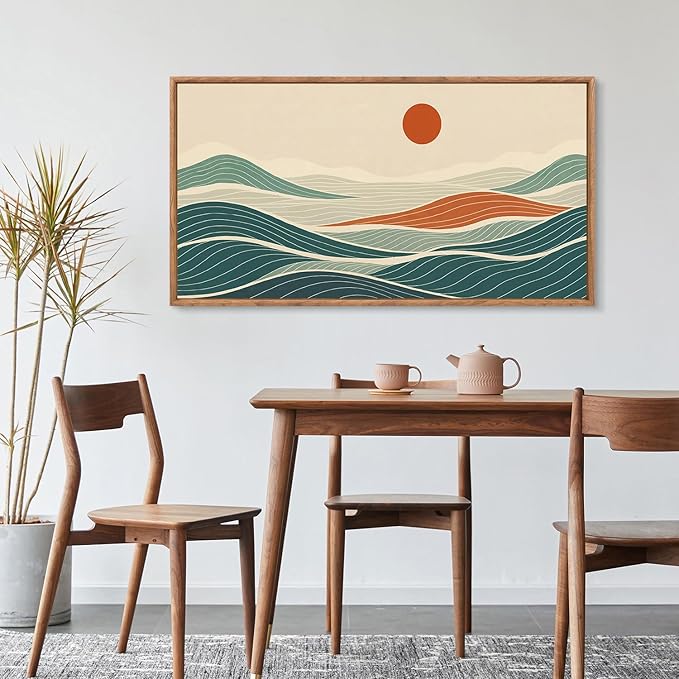 CHDITB Coastal Long Horizontal Framed Wall Art, Minimalist Sea Wall Decor, Waves Line Artwork Ocean Waves Painting, Modern Coastal Art Prints For Beach House Decor Nautical Theme Room 40”x20”x1