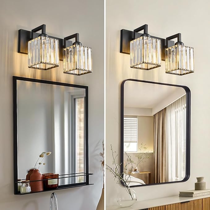 Modern Bathroom Vanity Light 2-Lights Black Crystal Bathroom Wall Light Vanity Light Fixtures