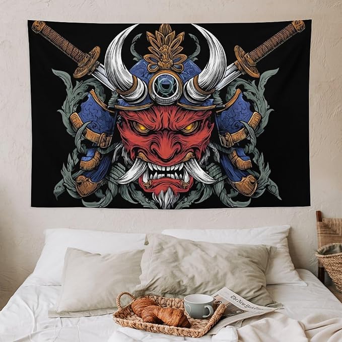 UUKXKUU Oriental Retro Mask Symmetry Samurai Japanese Tapestry Large Wall Art Decor Wall Hanging Flag Backdrop for Living Room Dorm Office Bedroom 40"×60"