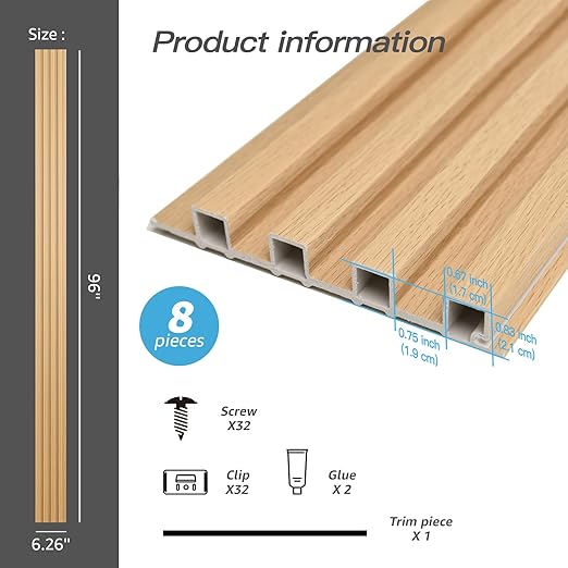 Art3d 8-Pack 96 x 6in. WPC Acoustic Slat Wall Panel for Modern Interior Decor, TV Background, Living Room, Oak