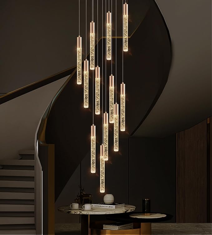 12-Lights High Ceiling Crystal Chandelier, Modern Large LED Raindrop Pendant Light Fixture 99" H Flush Mount Chandelier Gold for Foyer Staircase Villa Living Room