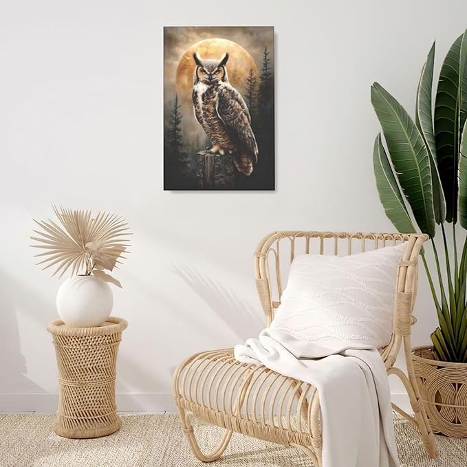 Cabin Owl Wall Art Moon and Forest Canvas Wall Decor Rustic Animal Pictures Paintings Prints Mystical Wildlife Artwork Framed Decorations For Bathroom Bedroom Living Room Office Gifts 16" x 24"