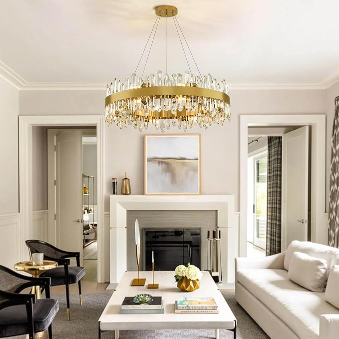 Modern Crystal Chandelier, 16-Lights Round Chandelier for Dining Room 2 Tiers, 32'' Gold Adjustable Raindrop Chandeliers for Bedroom, Dining Chandeliers Over Table for Living Room, Bathroom