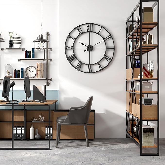 Large Outdoor Indoor Waterproof Metal Wall Clock, Completely Silent, 24 inch Roman Numerals Vintage Art Decor Modern Clocks, Mid-Century Battery Operated Home Decorative for Kitchen,Bedroom,Office