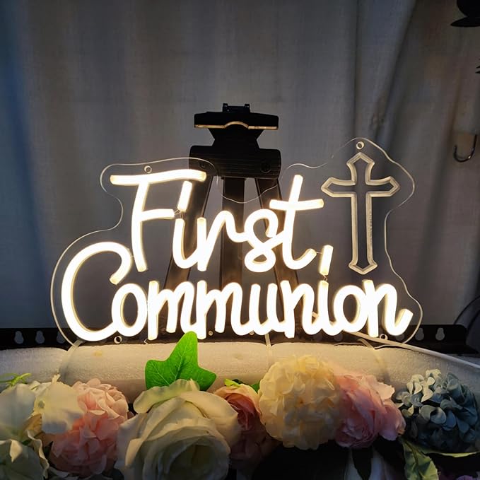 Neon Sign - First Communion Decorations, 16.3" x 10.7" Rectangular Multicolor Religious Wall Mount Neon Sign with Mounting Hardware (Hanging Chains)