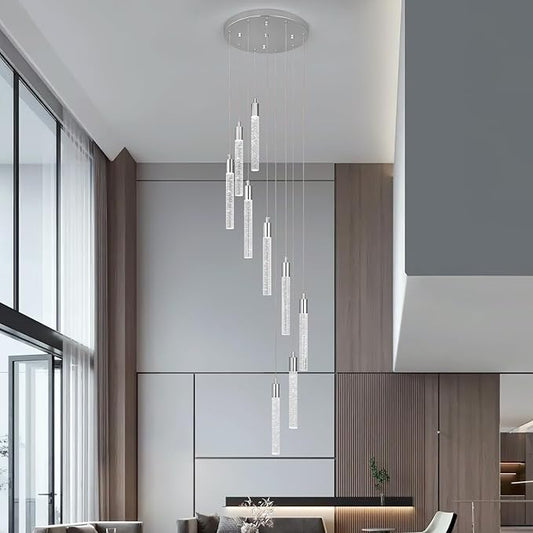 9 Light Living Room Chandelier Chrome Crystal Pendant Lights LED Dimmable 54W 6000K Staircase Large Chandelier Lobby Living Room Foyer High Ceiling Chandeliers