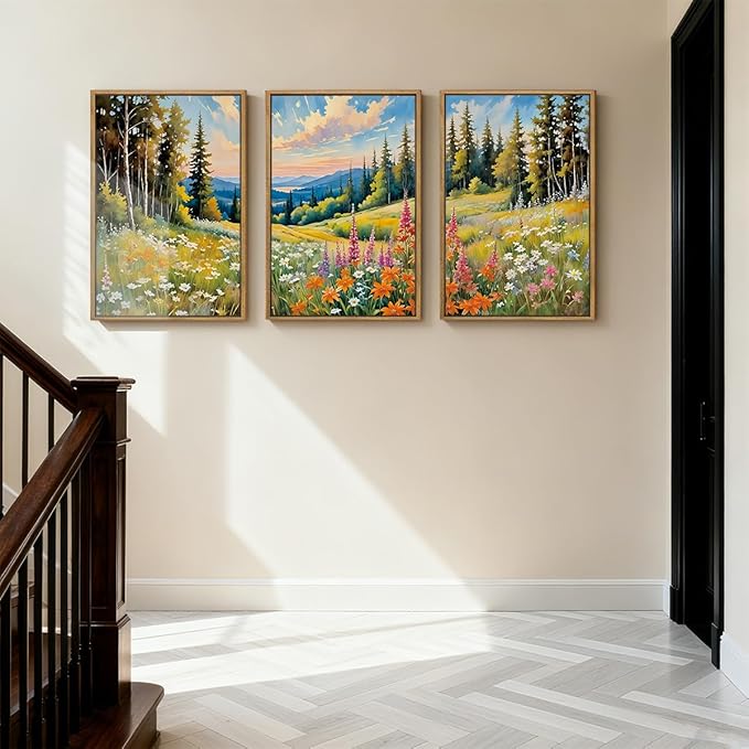 Anyzal Colorful Woodland Wall Art Large Floral Field Wall Decor 16x24 Inch Set of 3 for Living Room Bedroom Dining Room