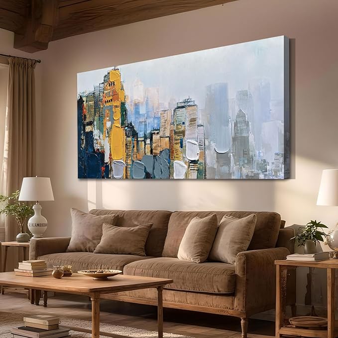 Arjun Neutral Wall Art Painting Abstract Art Wall Decor Canvas, Large Textured Skyline for Living Room Gold Painting Modern Wall Art for Men Bedroom Cityscape Artwork Home Office Wall Decor, 48"x24"