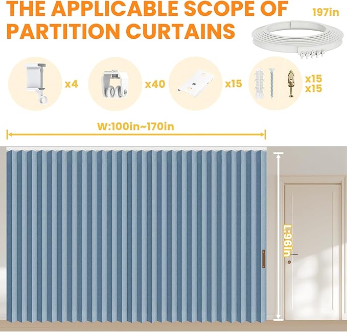 100% Blackout Privacy Room Divider Curtains Thermal Blackout Curtain for Patio Door, Include Ceiling Curtain Track, Bedroom Partition and Shared Office Space(Blue, W180 X L96, 1 Pack)