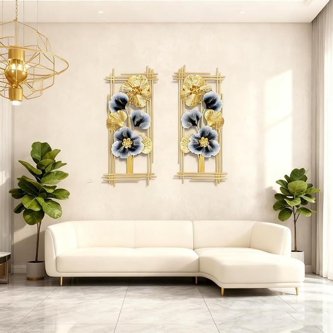 Metal 3D Wall Art Decor 2 Pcs 34" x 15" Wall Decor Handmade Golden Ginkgo Leaf Blue Flower Hanging Home Decor Wall Sculpture Modern for Living Room, Bedroom, Dining Room, Office and Hotel Large