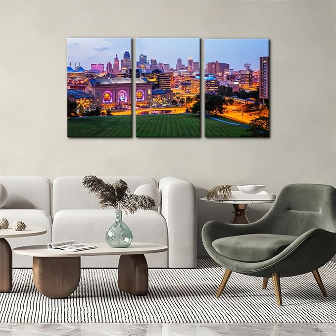 Pacimo Canvas Wall Art Union Station City Landscape Pictures Paintings Kansas Cityscape Modern Artwork Prints on Canvas Wall Decor for Living Room Bedroom Framed Ready to Hang - 16"x24"x3 Panels