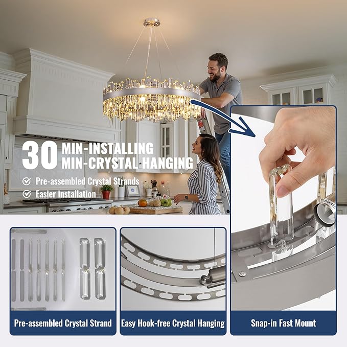 Modern Dining Room Crystal Chandelier, 16-Light Chrome Silver Round Chandelier, 31.5-inch K9 Crystal Raindrop Ceiling Light, Luxury Flush Mount Light Fixture for Kitchen Living Room Entryway