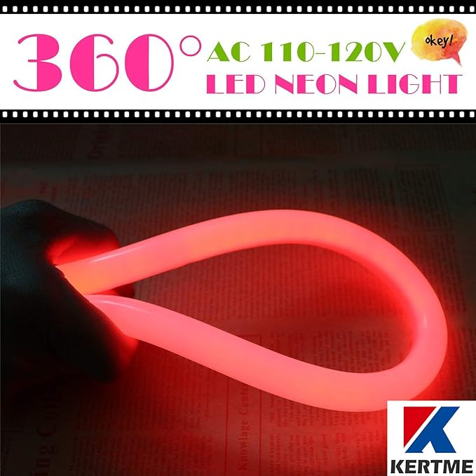 360° Neon Led Type AC 110-120V 360 Degree NEON LED Light Strip, Flexible/Waterproof/Dimmable/Multi-Modes LED Rope Light + Remote for Home/Garden/Building Decor (32.8ft/10m, Red)
