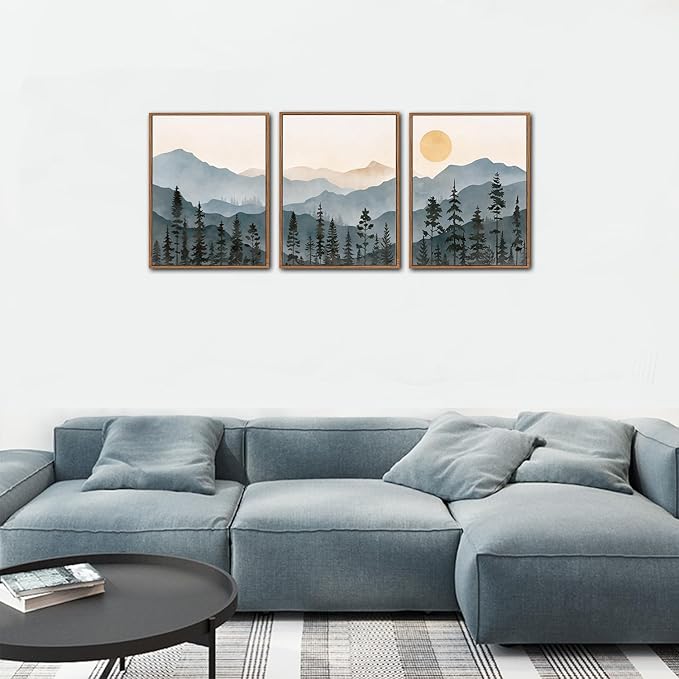 LHIUEM Boho Mountain Framed Canvas Wall Art Set of 3(12”X16”) Forest Pine Tree Wall Decor Nature Sunrise Wilderness Landscape Art Painting Forest Wall Art for Living Room Bedroom Dining Room Office