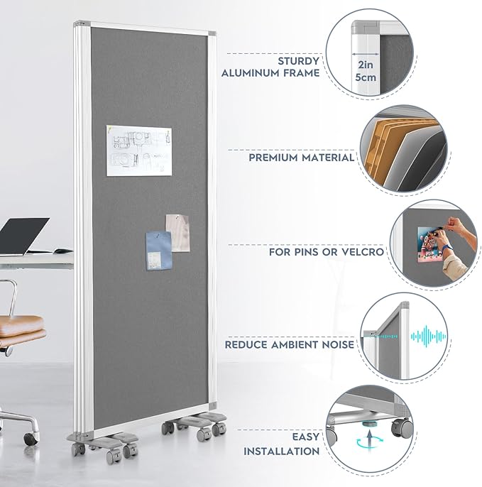 MAKELLO Portable Office Partitions 72" H x 71" W, Freestanding Office Dividers Partition Wall for Room, 3-Panel Trifold Privacy Panel, Aluminum Frame, Gray Felt