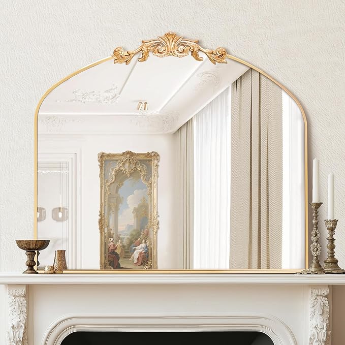MISSDAY Vintage Gold Baroque Mirror for Wall, 36"X30" Arched Antique Wall Mirror with Elegant Carving Top, Full Metal Frame Wall-Mounted Mirror for Bathroom, Living Room, Fireplace, Entryway, Hallway