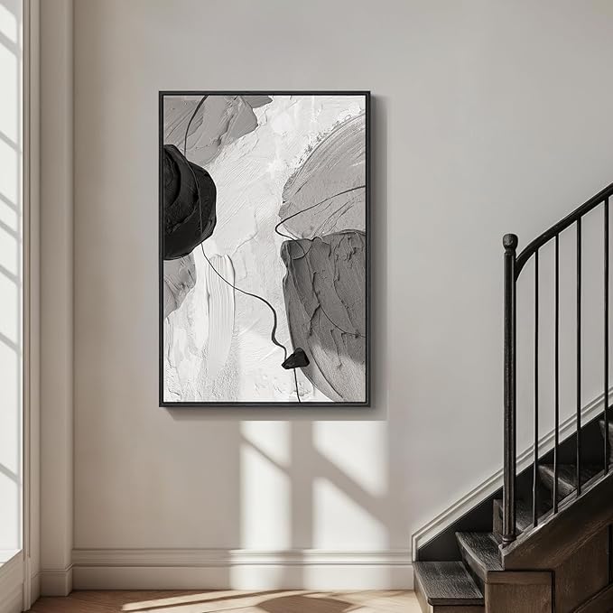 Large Framed Black and White Modern Abstract Vertical Wall Art for Living Room, Canvas Prints Paintings Artwork for Walls, Minimalist Gray Pictures for Hallway Stair Office Wall Decor 40x60 In