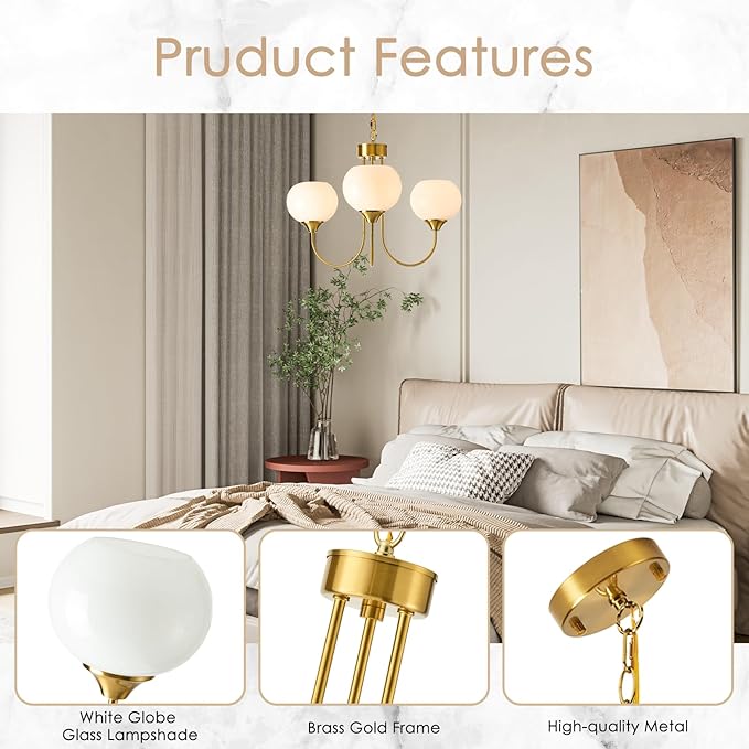 Modern Globe Chandelier 3 Light Mid Century White Milk Glass Vintage Sputnik Chandeliers Gold Pendant Light Fixtures for Dining Room Kitchen Living Room Bedroom