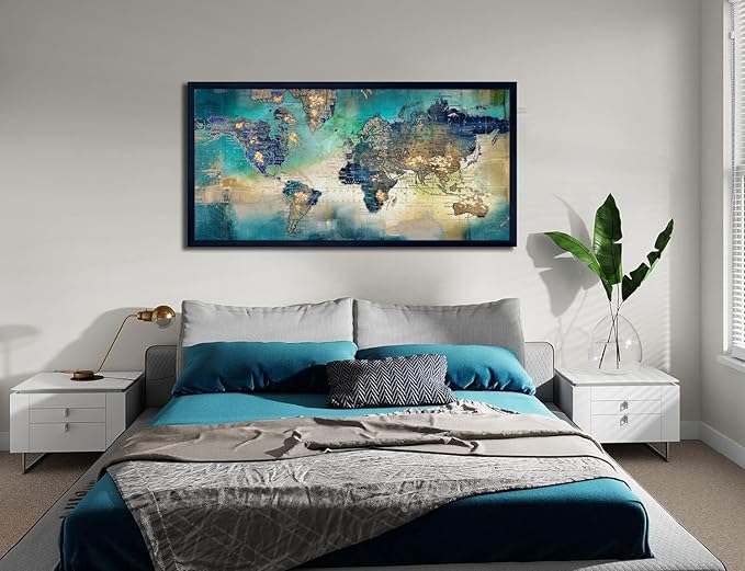 Large World Map Canvas Prints Wall Art for Living Room Office "29x58" Green World Map Picture Artwork Decor for Home Decoration Black Framed Wall Art