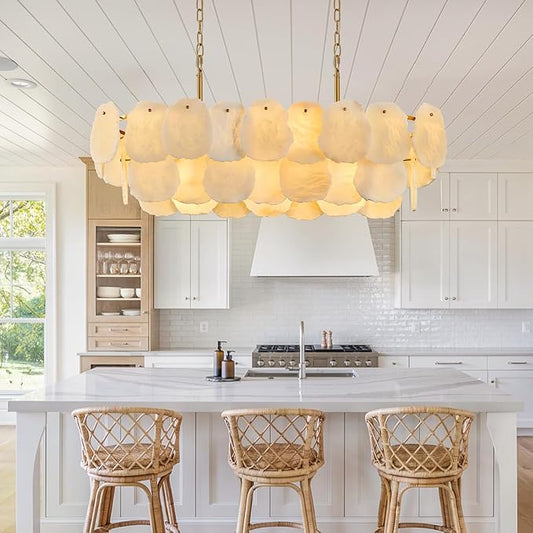 Alabaster Rectangle Chandelier for Dining Room, L39in Modern White Marble Chandeliers, Luxury Natural Spanish Brass Alabaster Chandelier Over Table for Kitchen Island Living Room Dining Table