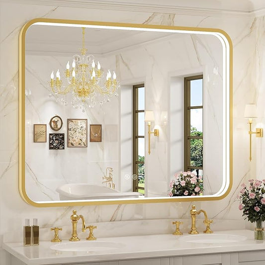 43X36 Inch Framed LED Lighted Bathroom Mirror,Wall Mounted Gold Metal Vanity Mirrors with Lights,Dimmable Illuminated Anti-Fog Mirror(Horizontal/Vertical)