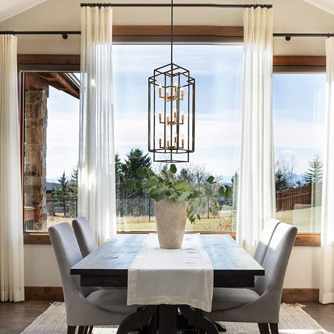 12-Light Kitchen Island Lighting, Modern Farmhouse Dining Room Light Fixtures Over Table, Black and Gold Chandelier for Dining Room, Living Room, Foyer, Entry, Staircase, Hallway