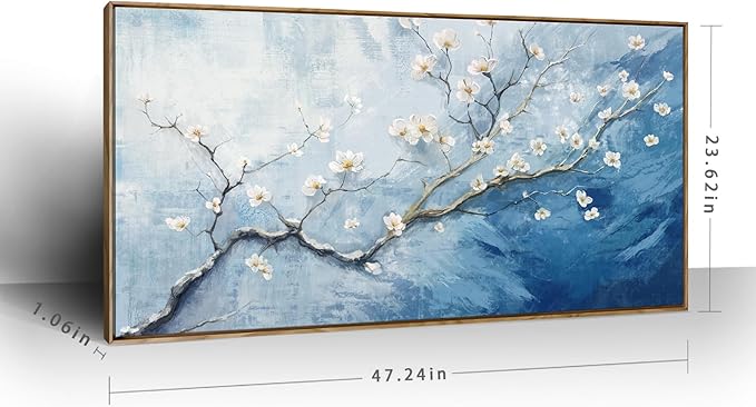 Nicetop Framed Wall Art for Living Room - Large Plum Blossom Canvas Art Prints with Wood Frame - Blue and White Artwork Abstract Ocean Wall Picture Bedroom Office Dining Room Coastal Decor 48x24 Inch
