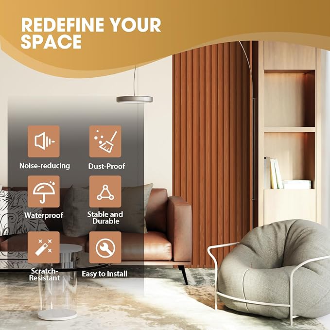 OUZUGIE WPC Acoustic Slat Wall Paneling, 8-Pack 96 x 6 Inches 3D Wall Panels for Interior Wall Decor,Living Room,TV Background,Study Room,Office Spaces,Bedroom,High Grille (Teak)