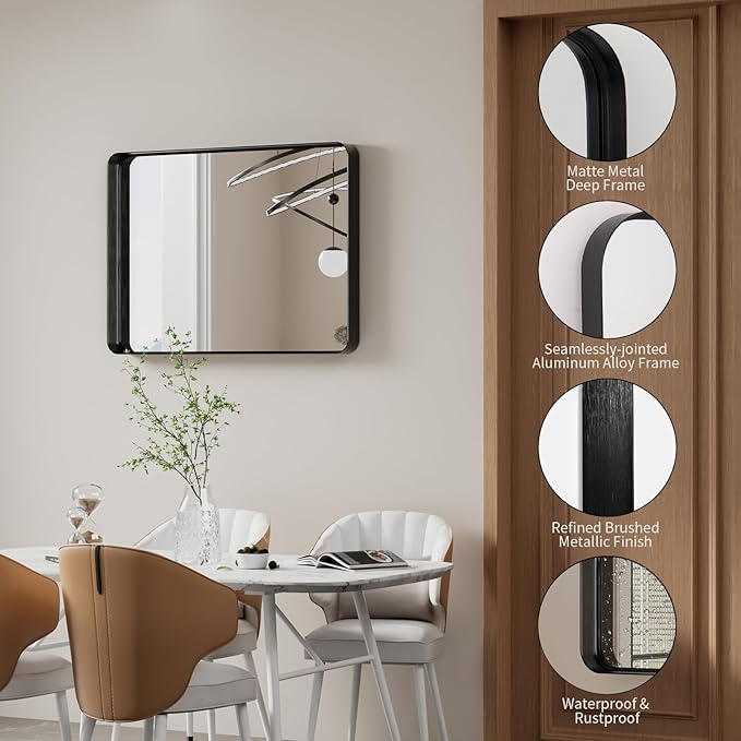 Koonmi Black Bathroom Mirror for Wall, 22x30 Inch Matte Metal Deep Framed Rounded Corner Wall Mirror, Shatterproof Tempered Glass for Farmhouse Bedroom Entryway, Vertically or Horizontally