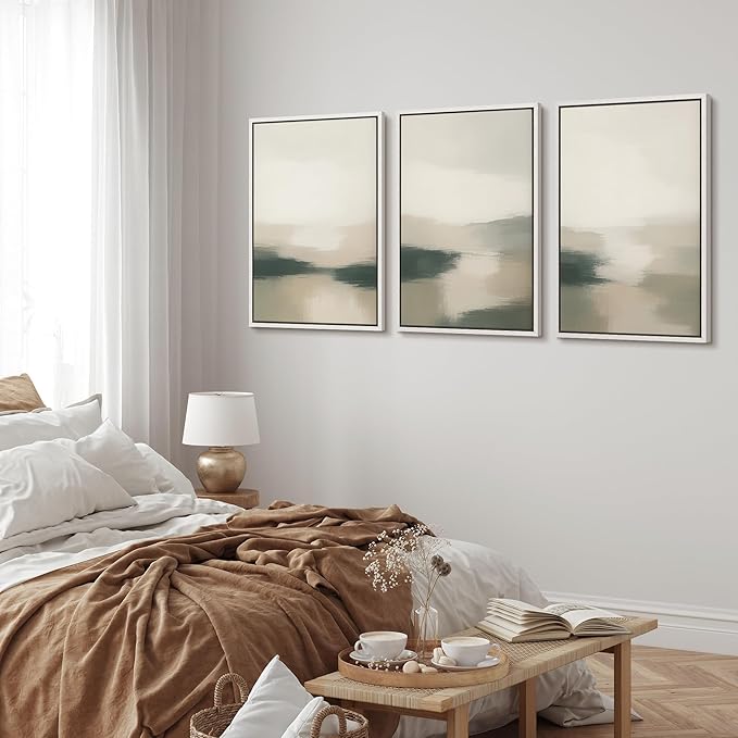 MUDECOR Framed Wall Art Print Set Neutral Landscape Prints in Beige and Green Tones Illustrations Modern Art Boho Decorative Chic for Living Room, Bedroom, Office - 24"x36"x3 White
