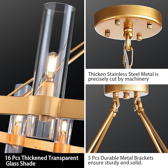 48" Gold Wagon Wheel Chandelier, 16-Light Farmhouse Round Pendant Light Fixture with Glass Shade, Large Hanging High Ceilings Chandeliers for Dining Room Kitchen Foyer Entryway Living Room