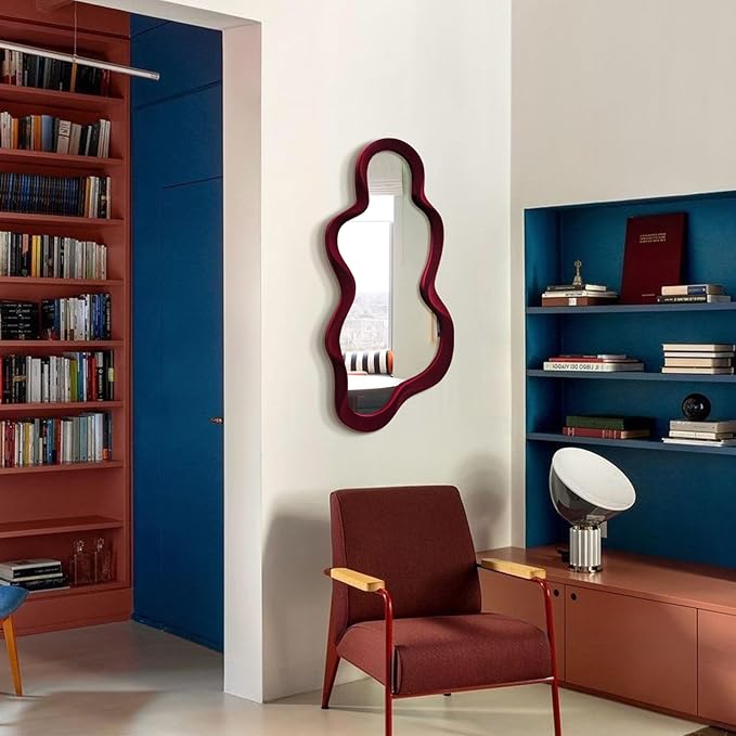 Mirror Wall Decor for Vintage Living Room Bedroom, 13.8x29.7 Asymmetrical Decorative Mirror for Entryway Porch Staircase, Retro Modern Hanging Wall Art Gift for Christmas Wedding (Wine Red)