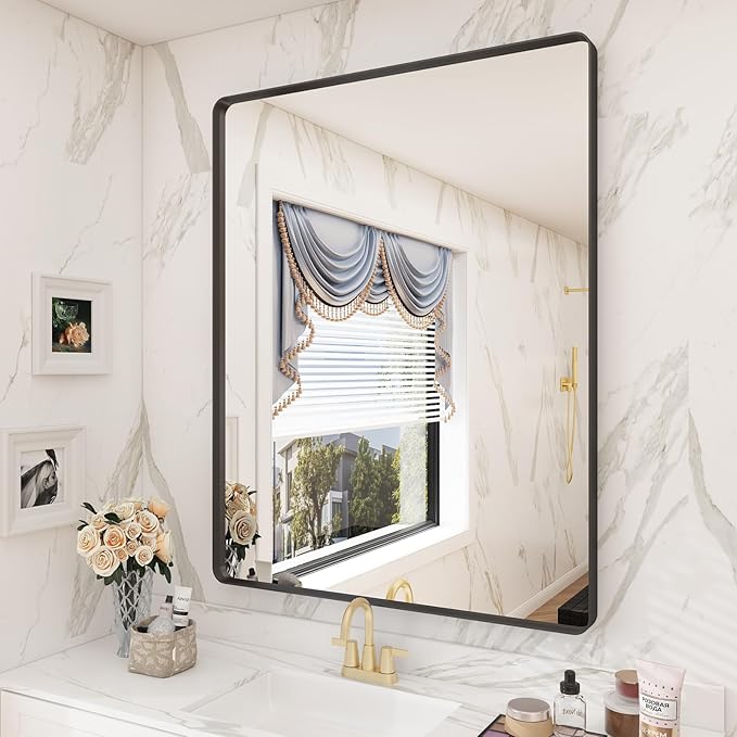 28x36 Black Matte Bathroom Mirror, Rectangle Framed Vanity Mirror for Wall, Rounded Corner, Anti-Rust, Shatterproof (Horizontally/Vertically)