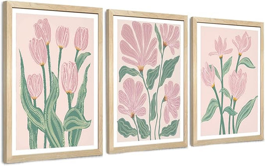 JLTULT 3 Piece Pink Abstract Tulips Floral Wall Art, Boho Green Botanical Wall Decor, Modern Flowers Paintings Art Prints for Living Room Bedroom Home Farmhouse Office16x24 Framed inch Ready to Hang
