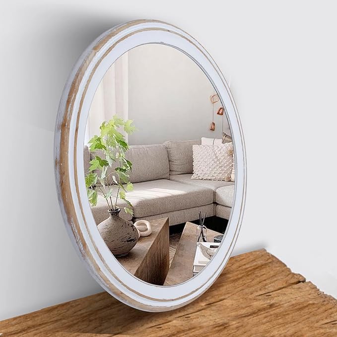 32 Inches Farmhouse Decorative Round Mirrors for Wall Decor, Rustic Distressed Wooden Circle Mirror for Bathroom Over Sink, Entryway, Living Room, Vanity