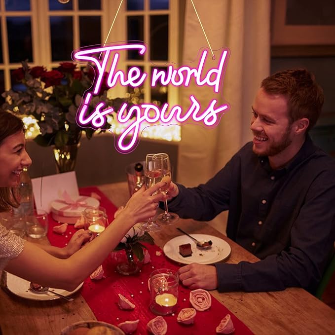 Lucunstar The World Is Yours Neon Signs Wedding Led Sign Pink Neon Light Up Party Bar Engagement USB Powered Led Sign for Wedding Decor Bedroom Signs for Wall Decor Light