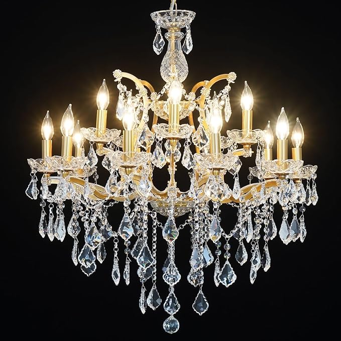 Antique Gold Crystal Chandeliers, Polished Golden Bronze Farmhouse Chandeliers 18-Light Crystal Candle Chandelier Ceiling Hanging Light Fixture Entrance Foyer Kitchen