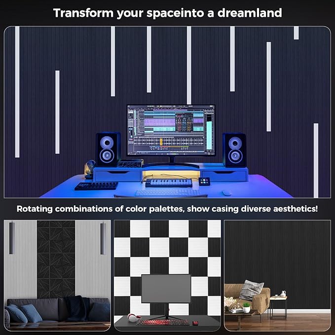 8 Pack Large- Fold, Soundproof Slat Wall Panel,24 x 12 x 0.47 in,Self Adhesive, 3D Fluted Sound Absorbing Panel, Acoustic Wall Panels,Studio, Home, Cinema,Office.(Black).