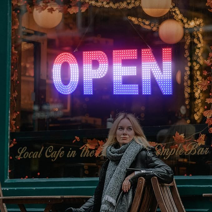 LED Open Signs for Business, 30"x10" Dimmable Brightness Large Electric Light Up Sign, Hanging Installation for Store Restaurant Office Bar Hotel Salon (Red&White&Blue)