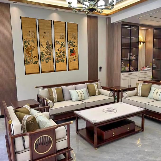 CIFIBIFUN Wall Asia Art Prints Posters Painting Vintage,4 Panels Old Paper Scroll Eagle Crane Tiger Horse Walls Decor for Living Room Bedroom Animal Print