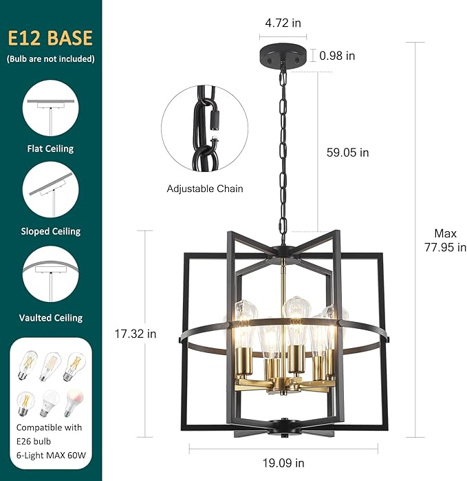19'' Black and Gold Farmhouse Chandelier, Modern Rustic Pendant Light with Industrial for Dining Room, Kitchen Island, Entryway, Hallway
