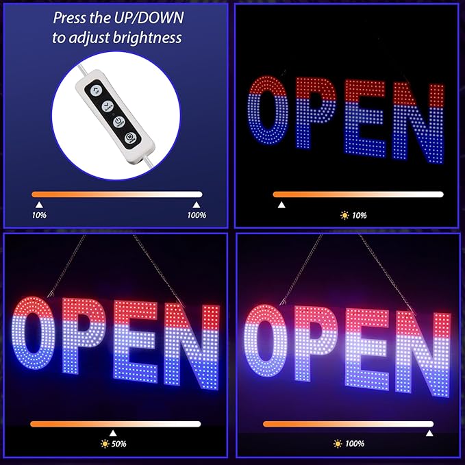 LED Open Signs for Business, 30"x10" Dimmable Brightness Large Electric Light Up Sign, Hanging Installation for Store Restaurant Office Bar Hotel Salon (Red&White&Blue)