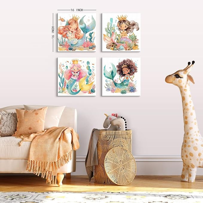 Mermaid Decor Wall Prints Mermaid Room Decor for Girls Bedroom Cute Under The Sea Decorations for Girls Nursery Posters Cartoon Bathroom Decor Wall Art Living Room Playroom Home Decorations 16×16" 4P