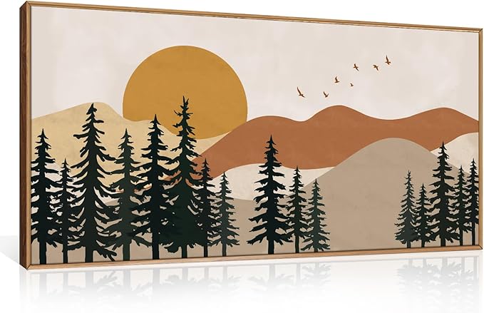 Boho Mountain Framed Canvas Wall Art Set,Nature Forest Pine Tree Wall Decor,Mid Century Sunset Landscape Artwork for Living Room,Bedroom-20 x40