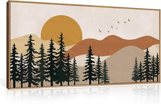 Boho Mountain Framed Canvas Wall Art Set,Nature Forest Pine Tree Wall Decor,Mid Century Sunset Landscape Artwork for Living Room,Bedroom-20 x40